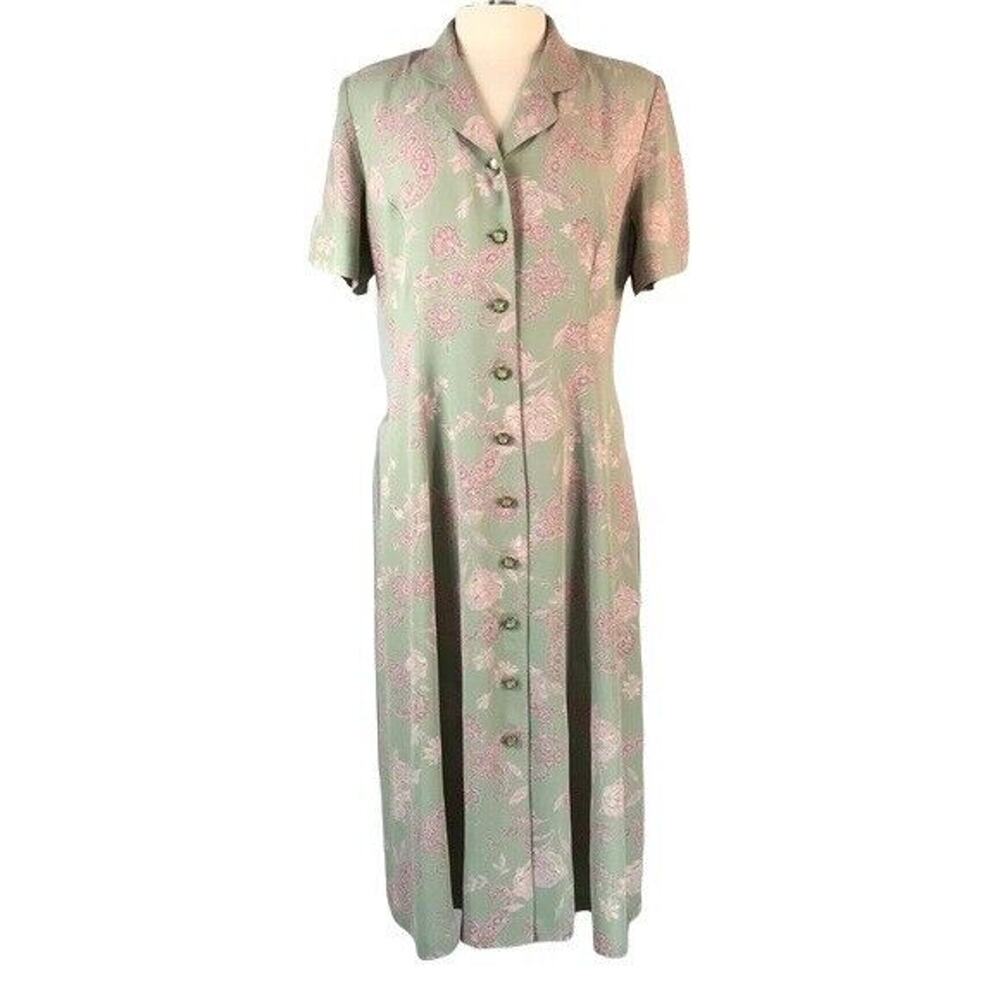 Leslie Fay Career Midi Shift Dress Faux Pearl Button Front Short Sleeves Sz 14P